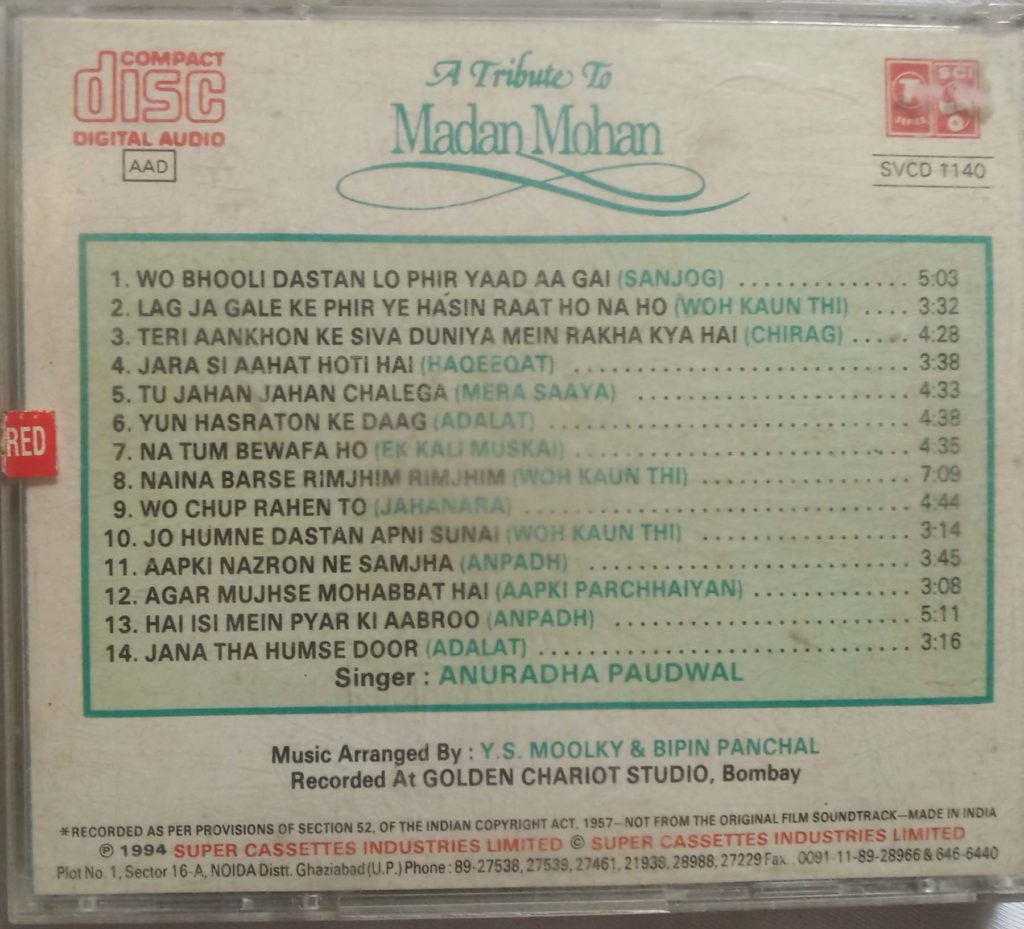 A Tribute To Madan Mohan Anuradha Paudwal Hindi Audio CD - Tamil Audio ...