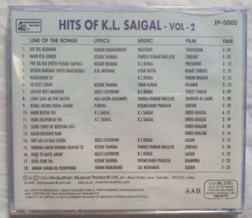 Hits Of K.L. Saigal Vol-2 Hindi Audio CD banumass.com.