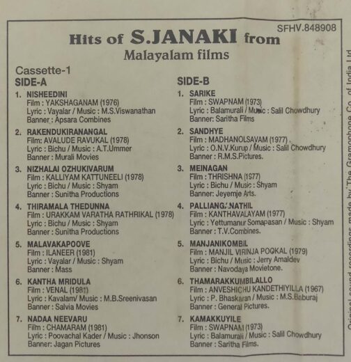 Hits Of S.Janaki From Malayalam 1 Audio Cassette (2)