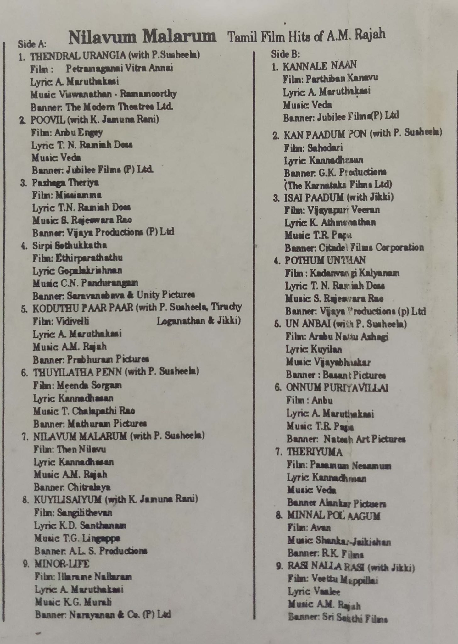 Nilavum Malarum Tamil Film Hits Of A.M.Rajah Tamil Audio Cassette ...