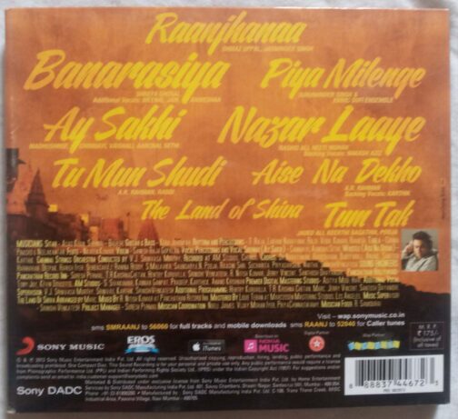 Raanjhanaa Hindi Audio CD By A.R. Rahman.
