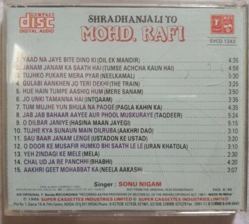 Shradhanjali To Mohd. Rafi Singer Sonu Nigam Hindi Audio CD banumass.com.