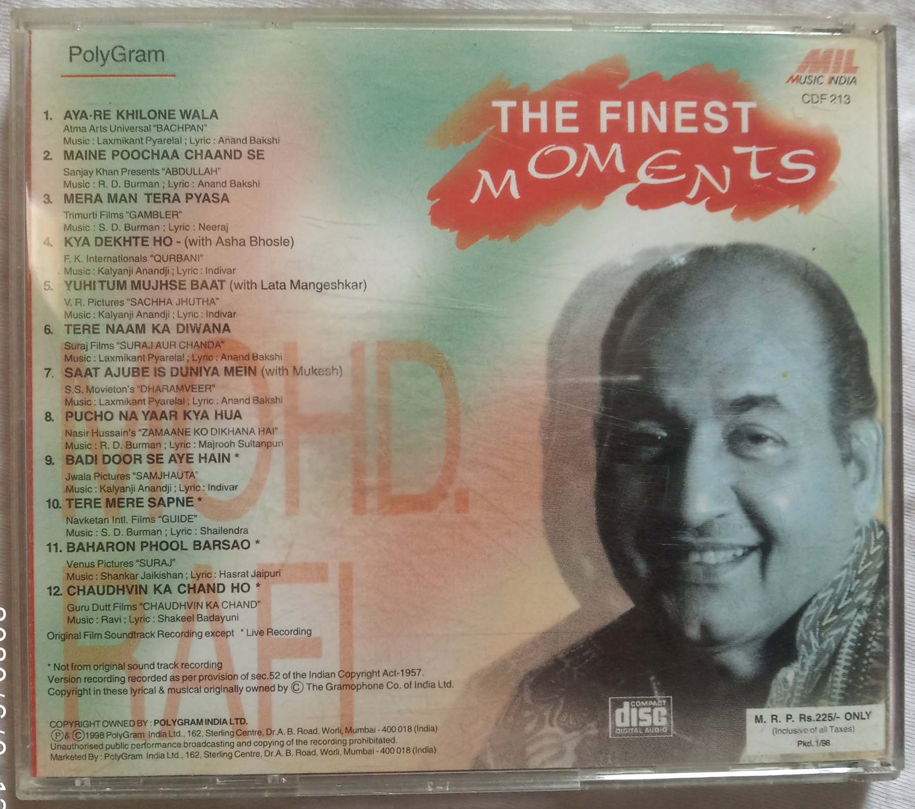 The Finest Moments Mohd. Rafi Hindi Audio CD banumass.com.