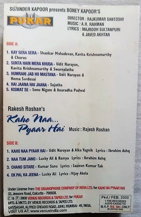 Pukar - Kaho Naa Pyaar Hai Hindi Audio Cassette (2)
