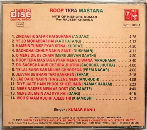 Roop Tera Mastana Hits Of Kishore Kumar For Rajesh Khanna Hindi Audio Cd (1)