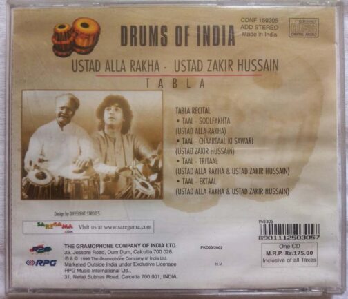 Drums Of India Ustad Alla Rakha Ustad Zakir Hussain Tabla Audio CD (1)