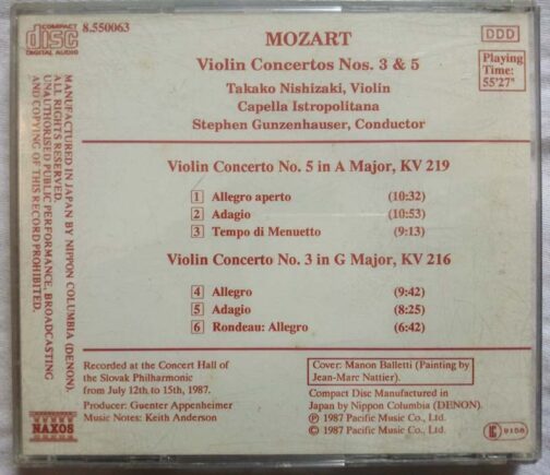 Mozart Violin Concertos Nos 3 & 5 Takako Nishizaki, Voilin Capella Istropolitana Stephen Gunzenhauser Audio Cd (1)
