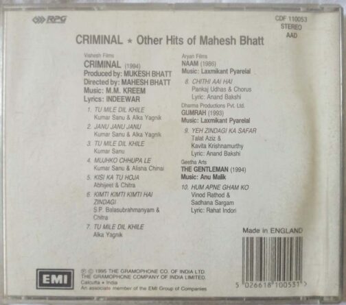Criminal - Other Hits of Mahesh Bhatt Hindi Audio cd (1)