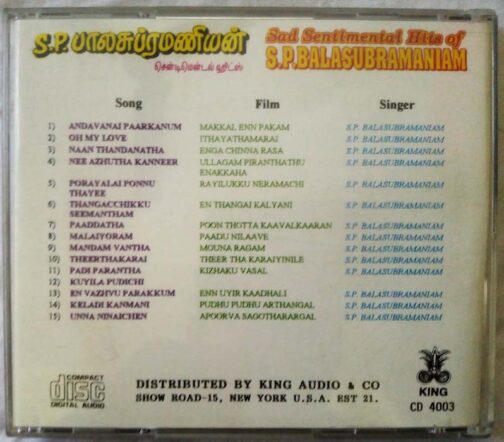Sad Sentimental Hits of S.P. Balasubramaniam Tamil Audio Cd (2)