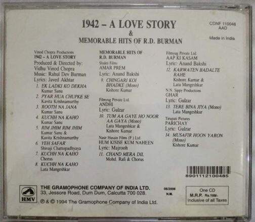 1942 A Love Story & Memorable Hits Of R.D. Burman Hindi Audio Cd