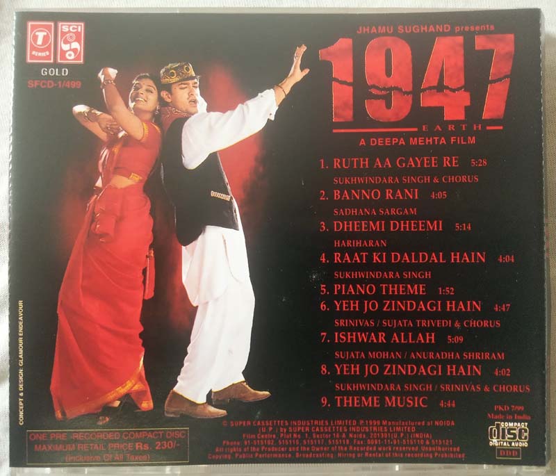 1947 Earth Hindi Audio CD By A.R Rahman