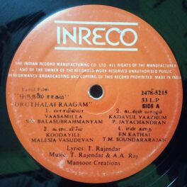 Oru Thalai Raagam Tamil LP Vinyl Record By T. Rajendar