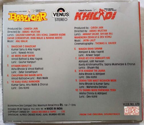 Baazigar - Khiladi Hindi Audio CD (1)