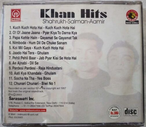 Khan Hits Sharukh - Salman Aamir Karaoke Hindi Audio Cd (1)
