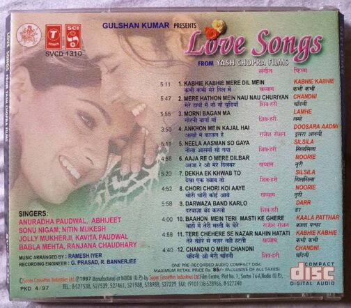 Love Songs From Yash Chopra Films Hindi Audio Cd (1)