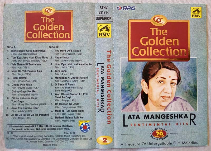 The Golden Colletion Lata Mangeshkar Sentimental Hits Hindi Audio Cassette