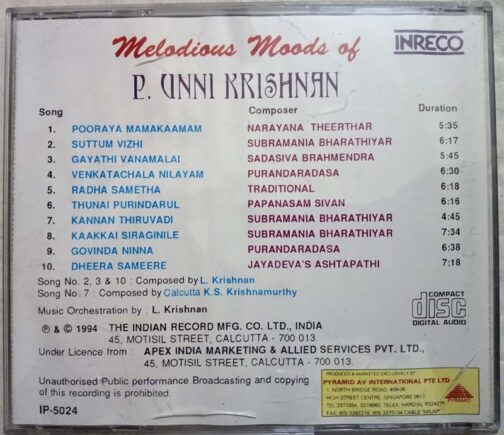 Melodious Moods of P.Unnikrishnan Tamil Audio Cd