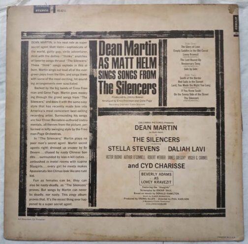 Dean Martin As Matt Helm Sings Songs From The Silencers LP Vinyl Record