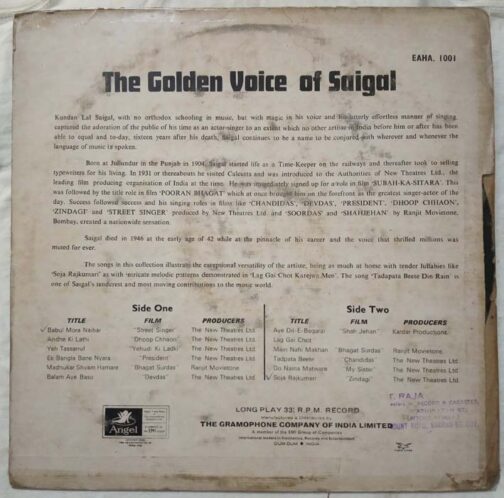 Memories of Greatness The Golden Voice of K.L.Saigal Hindi LP Vinyl Record