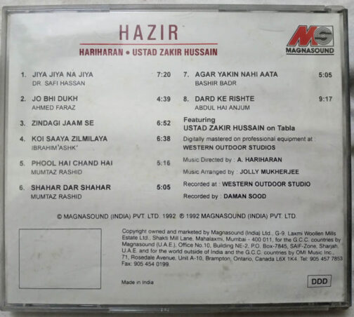 Hazir Hariharan Ustad Zakir Hussain Ghazals Hindi Audio Cd