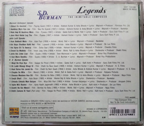 Legends S.D.Burman The Inimitable Composer 2 Hindi Audio Cd (1)