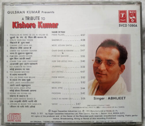 A Tribute to Kishore Kumar Abhijeet Vol 1 Hindi Audio cD