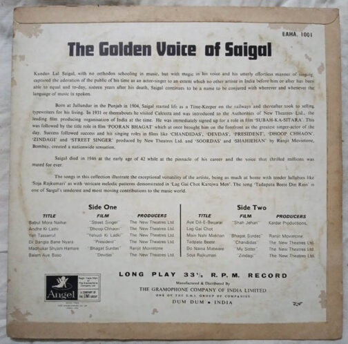 The Golden voice of K.L.Saigal Hindi LP Vinyl Record
