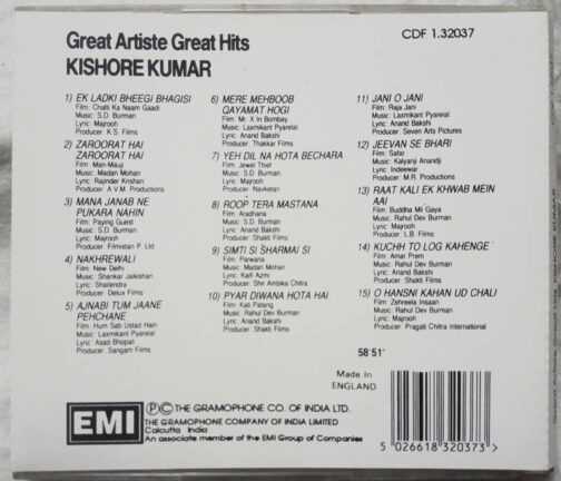 Great Artist Great Hits Kishore Kumar Hindi Film Audio CD