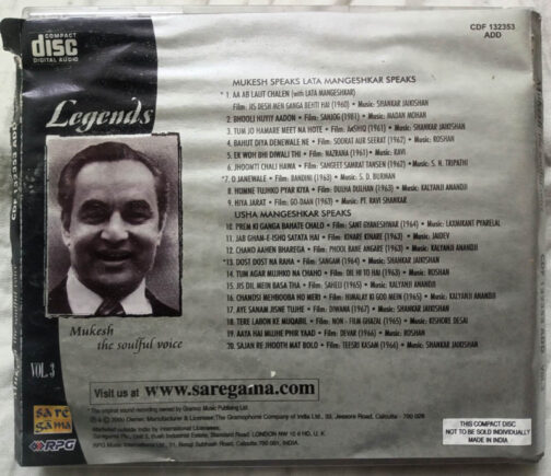 Legends Mukesh the coulful voice Vol 3 Hindi Film Audio Cd