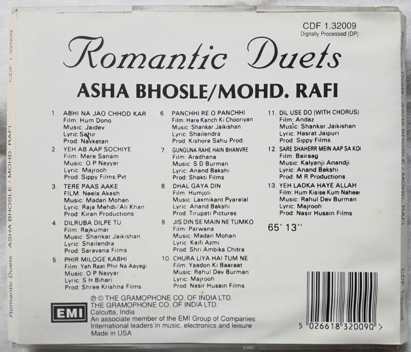 Romantic Duets Asha Bhosle - MOHD.Rafi Hindi Film Audio CD