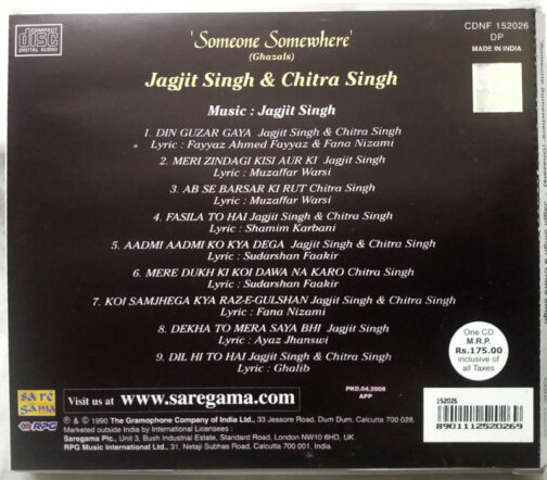 Someone Someshere Ghazals Jagjit Singh & Chitra Singh Hindi Film Audio CD