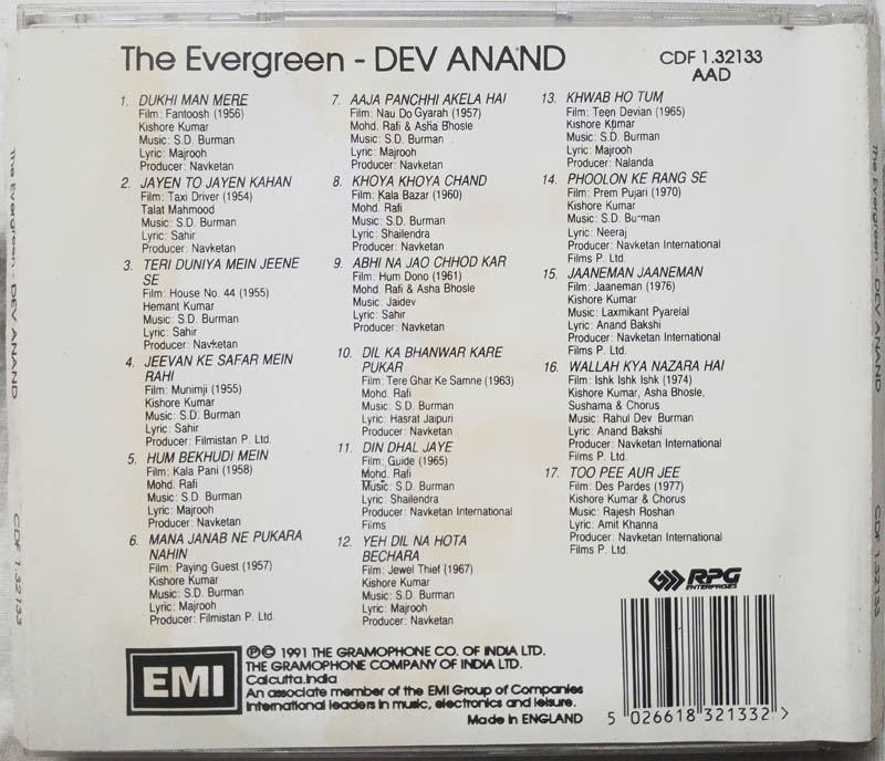 The Evergreen Dev Anand Hindi Film Audio CD - Tamil Audio CD, Tamil Vinyl  Records, Tamil Audio Cassettes