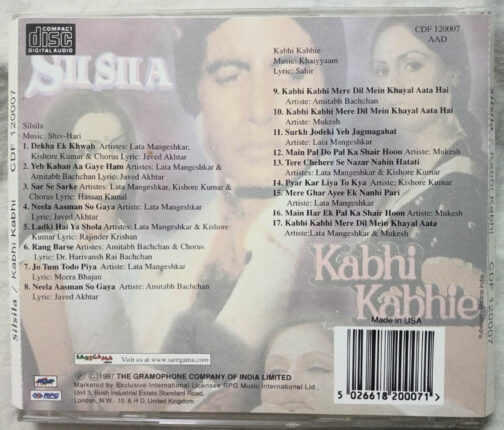 Sil Sila - Kabhi Kabhi Made in USA Hindi Film Audio CD