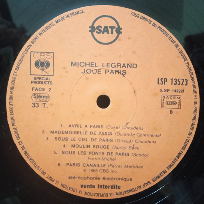 Michel Legrand Joue Paris LP Vinyl Record