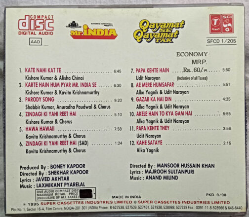 Mr. India - Qayamat Se Qayamat Tak Hindi Film Songs Audio CD