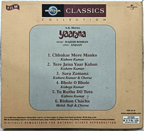 Classics Collection Yaarana Hindi Film Songs Audio CD