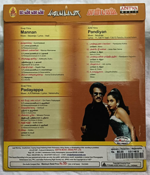 Mannan - Pandian- Padayappa Tamil Film Songs Audio Cd
