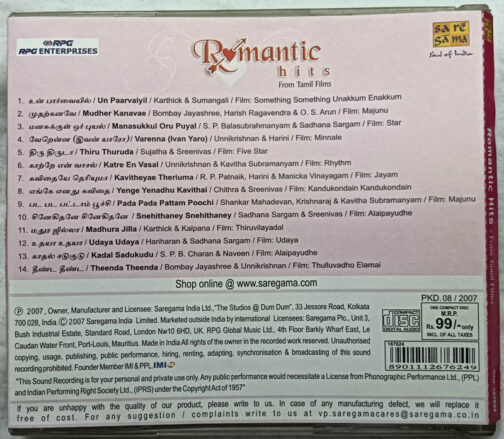 Romantic Hits From Tamil Films Audio cd