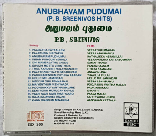 Anubhavam Pudumai P.B.Sreenivos Hits Tamil Film Songs Audio cd