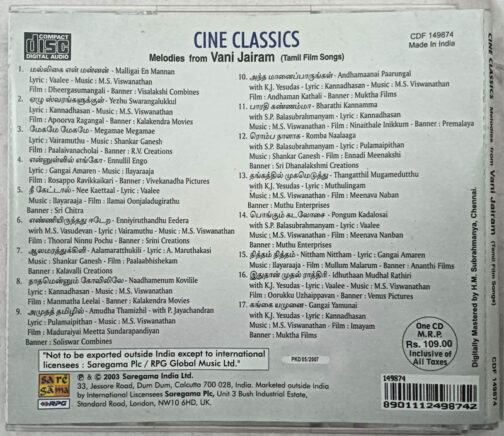 Cine Classics Melodies From Vani Jairam Tamil Audio CD