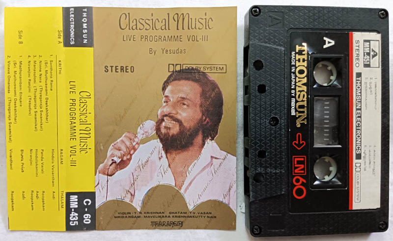Classical Music Live Programme Vol 3 Audio Cassette By Yesudas