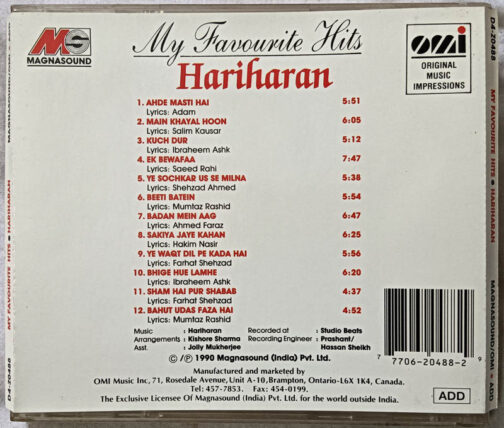 My Favourite Hits Hariharan Hindi Audio cd