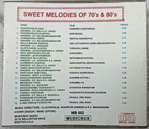 Sweet Melodies of 70s & 80s Tamil Films Songs Audio cd