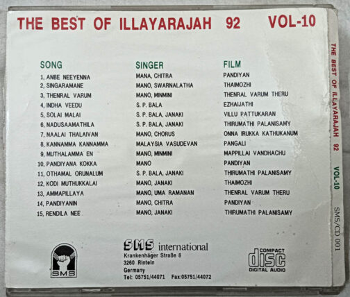 The Best of Ilaiyaraaja 92 Vol 10 Tamil Films Songs Audio cd