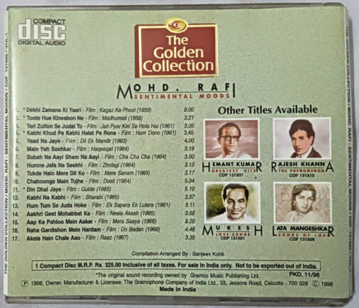 The Gaolden Collection Mohd Rafi Sentimental Moods Hindi Film Song Audio cd