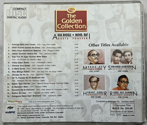 The Golden Collection Asha Bhosle - Mohd Rafi Duets Forever Hindi Film Songs Audio CD