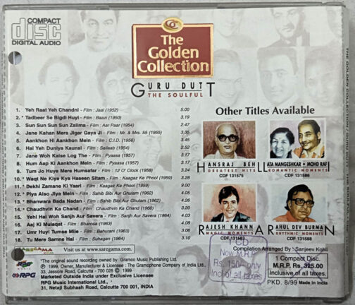 The Golden Collection Guru Dutt The Soulful Hindi Film Songs Audio CD
