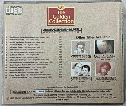 The Golden Collection Lata Mangeshkar Mukesh Moments of Love Hindi Film Songs Audio CD