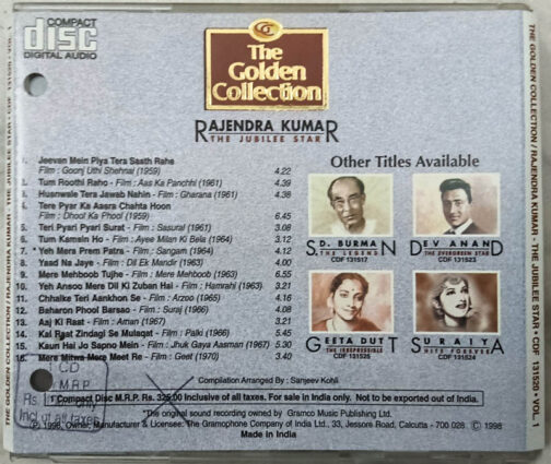 The Golden Collection Rajendra Kumar The Jubilee Star Hindi Film Songs Audio CD