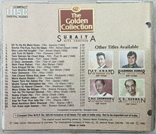 The Golden Collection Suraiya Hits Forever Hindi Film Songs Audio CD